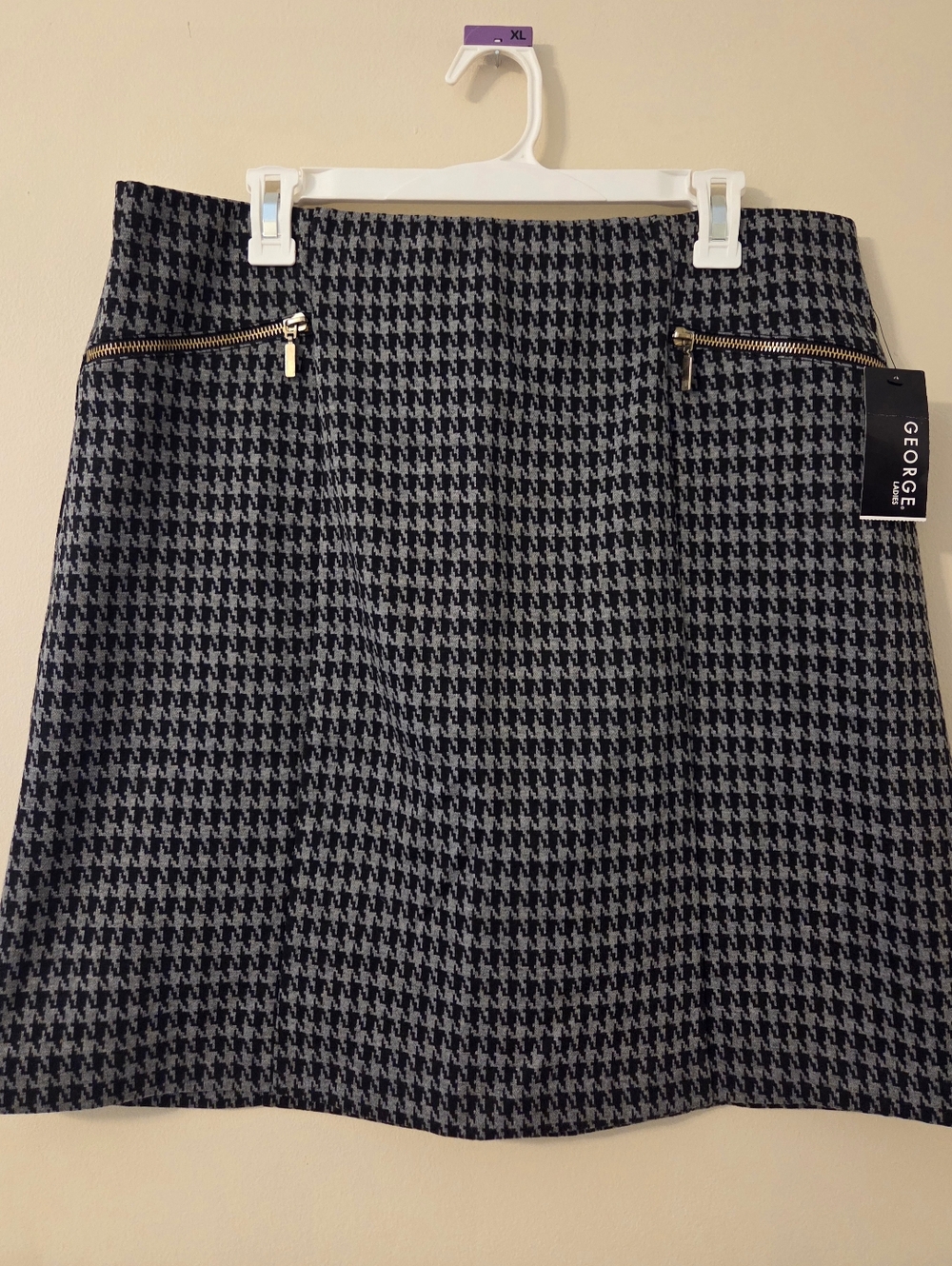 George Black and Gray Houndstooth Skirt with Gold Zippers